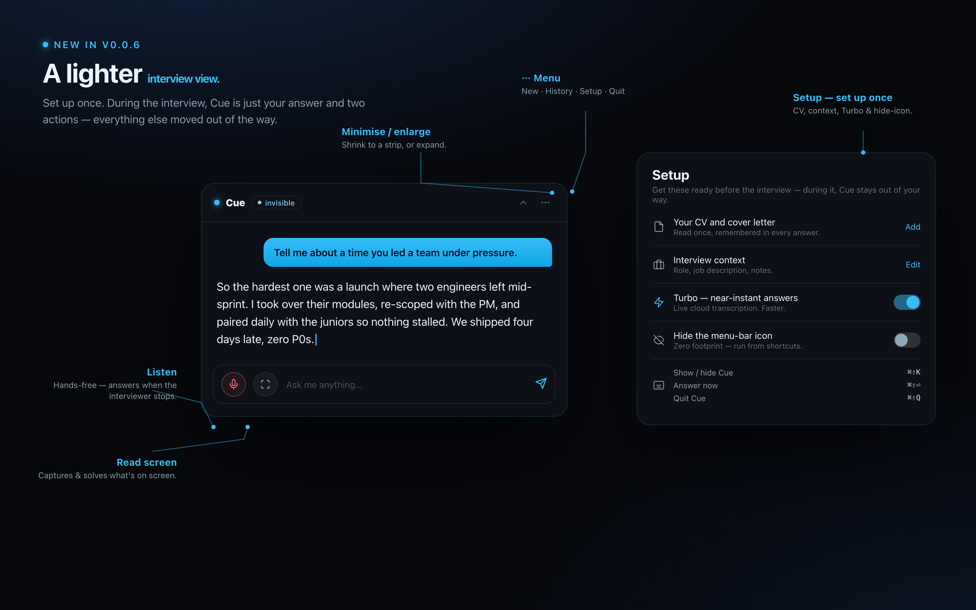 Cue v0.0.6 — the new lightweight interview view: a minimal header with Minimise / enlarge and a ⋯ Menu (New, History, Setup, Quit), the answer, and two labeled actions Listen and Read screen; alongside the Setup screen with CV, interview context, a Turbo near-instant toggle, and a Hide-the-menu-bar-icon toggle.